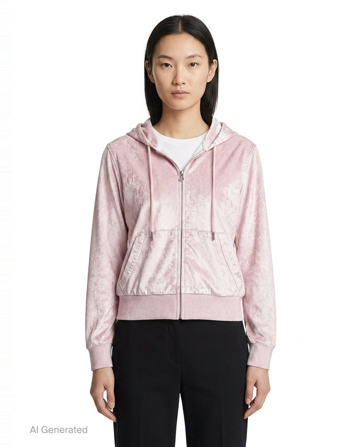 rag & bone Miramar Velvet Zip Hoodie in blue denim-look velvet with drawstring hood, full-length zip, and kangaroo front pocket - front