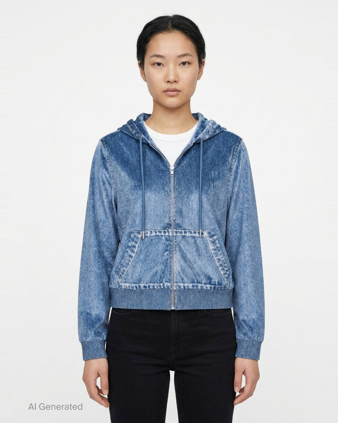 rag & bone Miramar Velvet Zip Hoodie in blue denim-look velvet with drawstring hood, full-length zip, and kangaroo front pocket - front