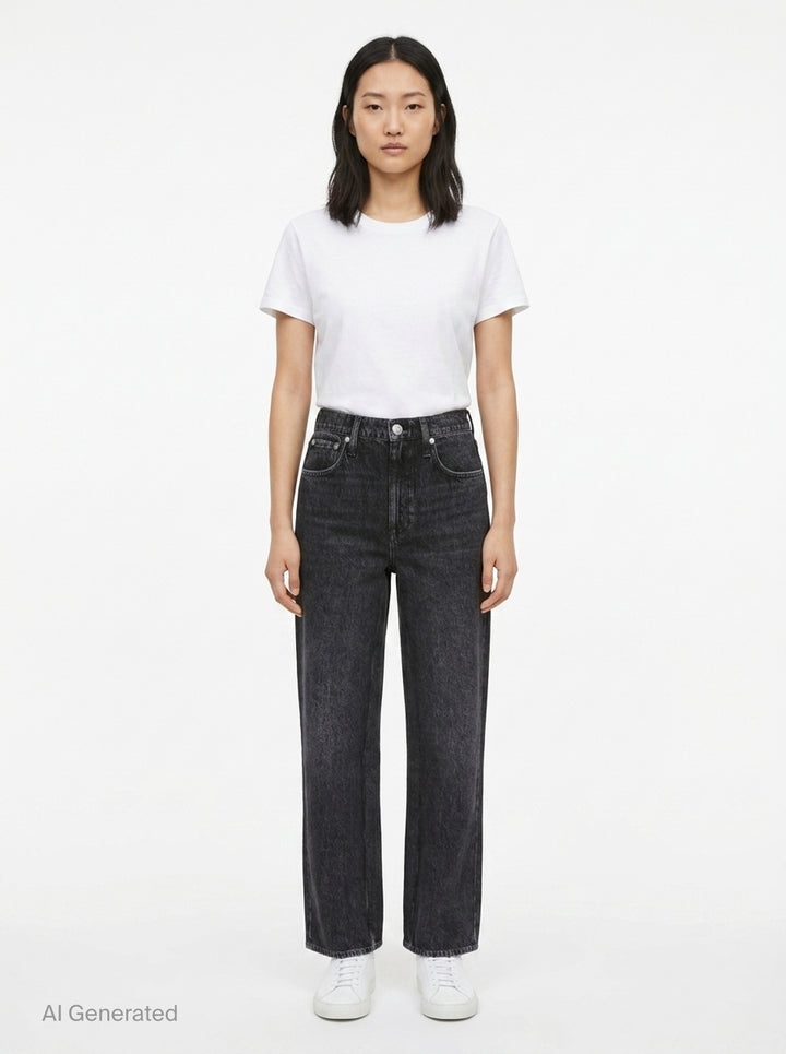 rag & bone Miramar Wide Leg Jeans in washed black denim with a high-rise waist, five-pocket styling, and silver-tone hardware, shown flat on a white background - front