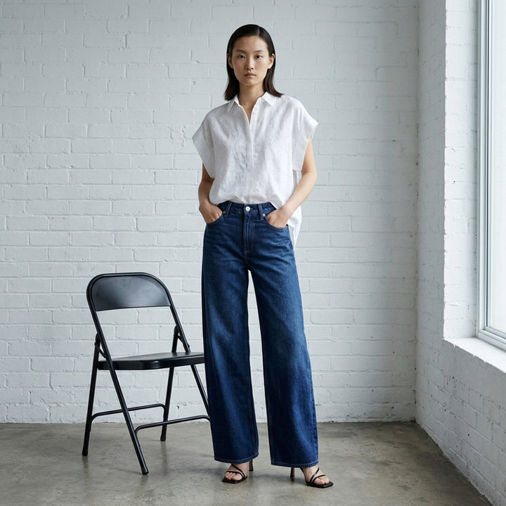 rag & bone Miramar wide leg jeans in a dark indigo wash, shown from the front with a high-rise waist and five-pocket detailing - lifestyle