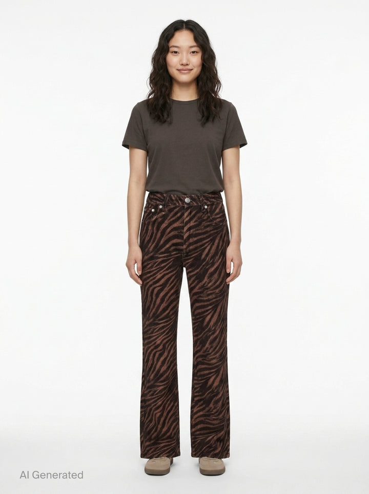 rag & bone Miramar ankle pants in brown and black zebra print ponte fabric with a flared hem and silver-tone hardware, front view - front