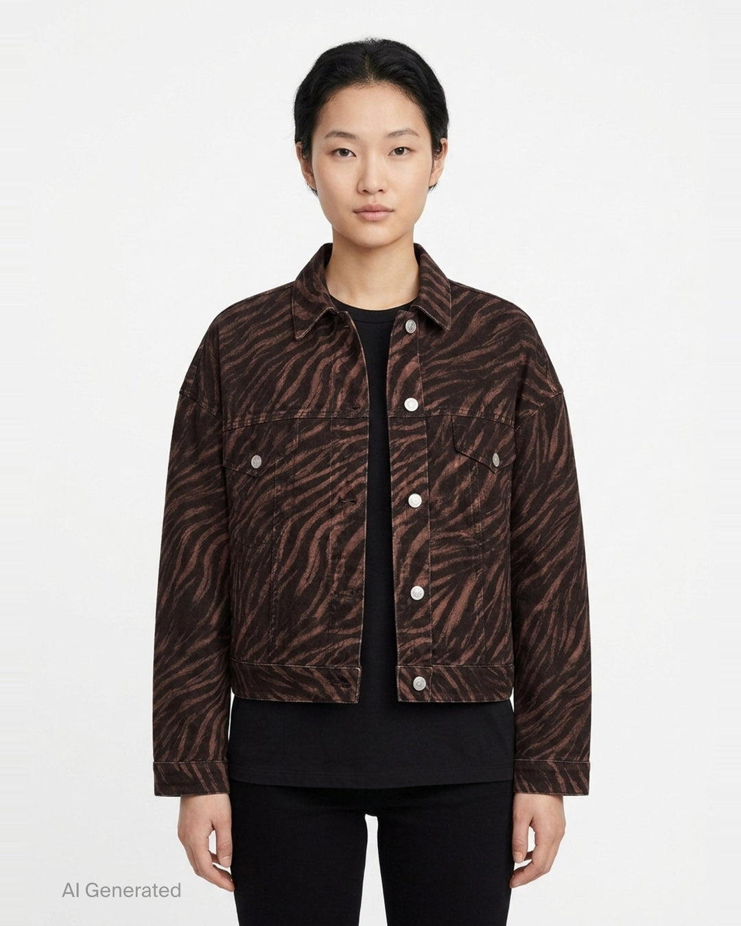 rag & bone Miramar Ponte Zebra Trucker Jacket in tonal brown and black zebra print with silver snap-button closures and dual chest pockets, front view on white background - front