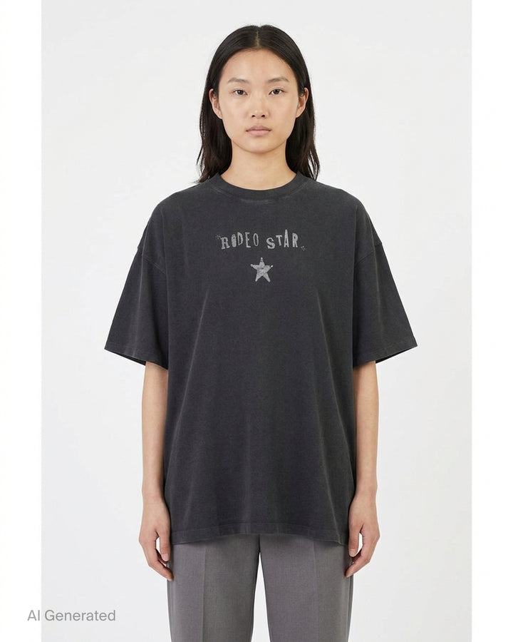 rag & bone Rodeo Star Alex Tee in washed black with distressed Rodeo Star lettering and star graphic on the chest - front