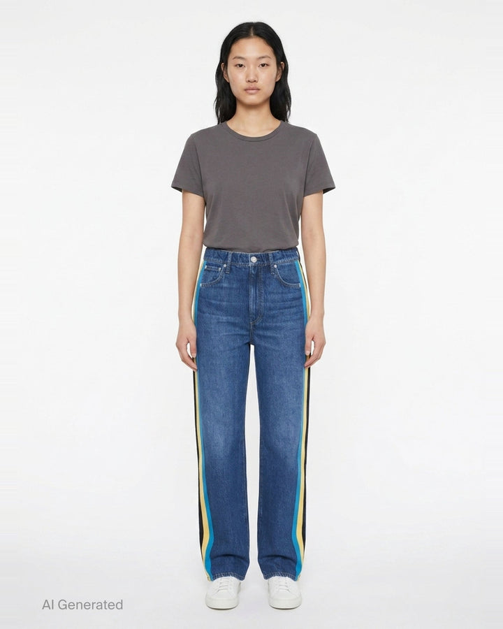 rag & bone washed black wide-leg jeans with contrast green and white side stripes along the outer seams, high-rise fit, five-pocket construction - front