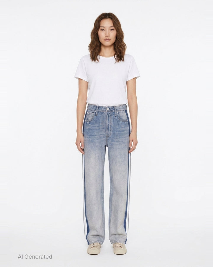 rag & bone washed black wide-leg jeans with contrast green and white side stripes along the outer seams, high-rise fit, five-pocket construction - front