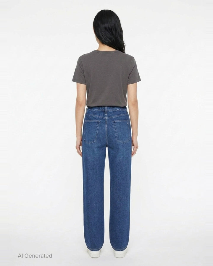 rag & bone washed black wide-leg jeans with contrast green and white side stripes along the outer seams, high-rise fit, five-pocket construction - back