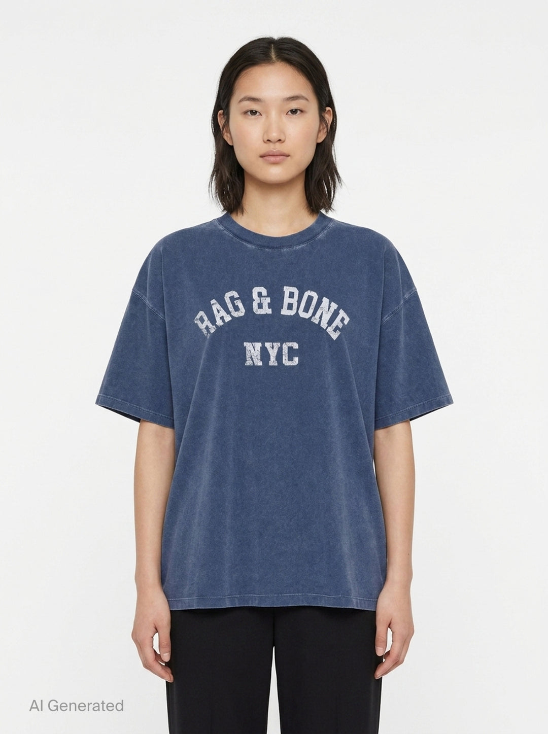 rag & bone University Alex Tee in washed navy, featuring a distressed arched collegiate graphic print reading 'RAG & BONE NYC', relaxed oversized fit with a crewneck collar and short sleeves - front