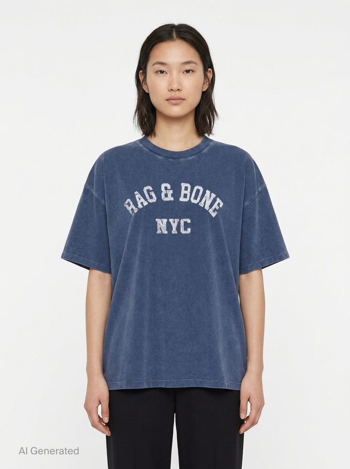 rag & bone University Alex Tee in washed navy, featuring a distressed arched collegiate graphic print reading 'RAG & BONE NYC', relaxed oversized fit with a crewneck collar and short sleeves - front