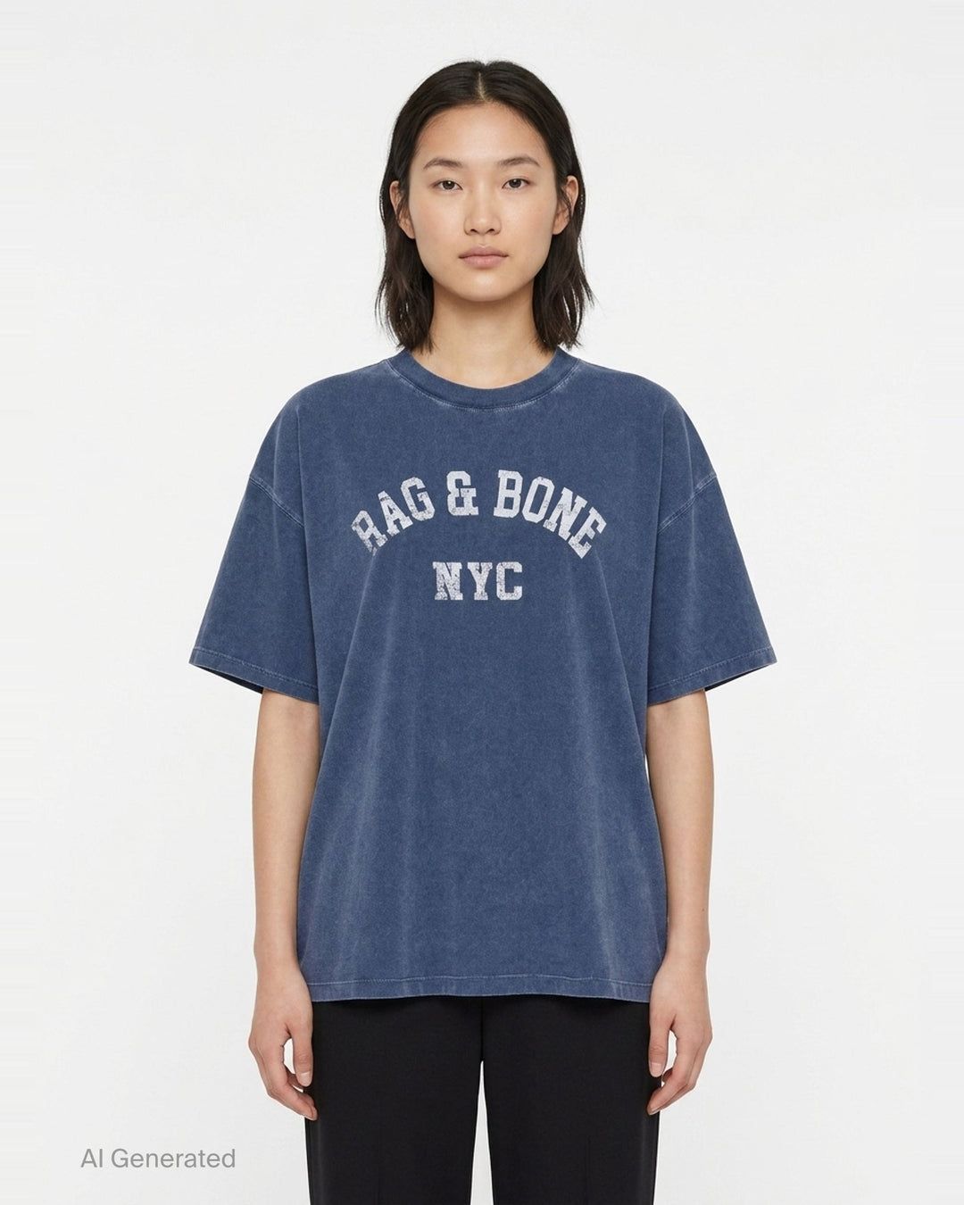 rag & bone University Alex Tee in washed navy, featuring a distressed arched collegiate graphic print reading 'RAG & BONE NYC', relaxed oversized fit with a crewneck collar and short sleeves - front