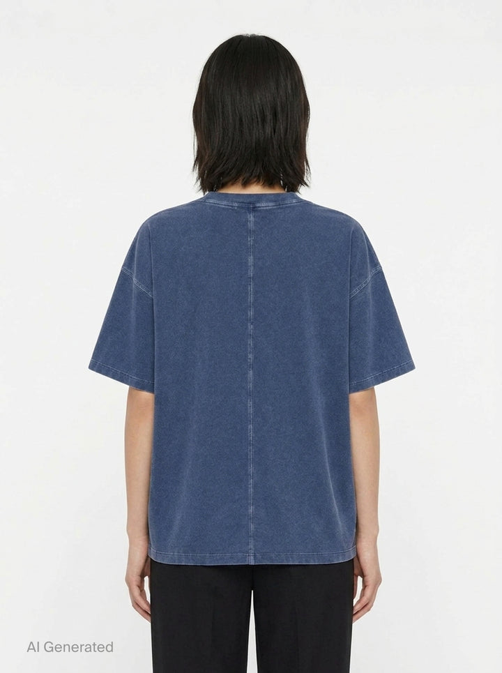 rag & bone University Alex Tee in washed navy, featuring a distressed arched collegiate graphic print reading 'RAG & BONE NYC', relaxed oversized fit with a crewneck collar and short sleeves - back