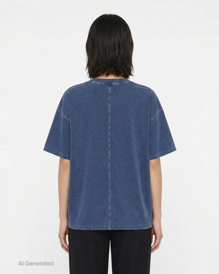 rag & bone University Alex Tee in washed navy, featuring a distressed arched collegiate graphic print reading 'RAG & BONE NYC', relaxed oversized fit with a crewneck collar and short sleeves - back