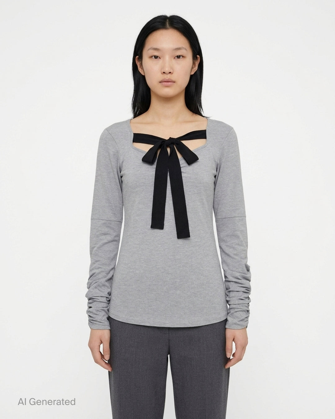 Renaissance Renaissance Giulia heather grey long sleeve top with black tie-bow at the neckline and ruched sleeves - front