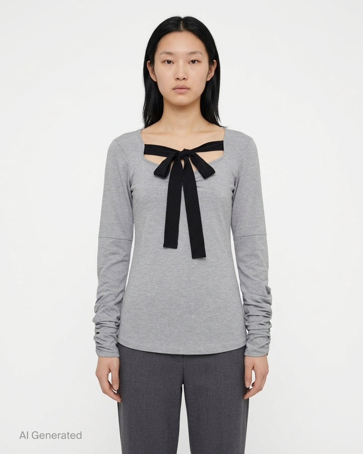 Renaissance Renaissance Giulia heather grey long sleeve top with black tie-bow at the neckline and ruched sleeves - front
