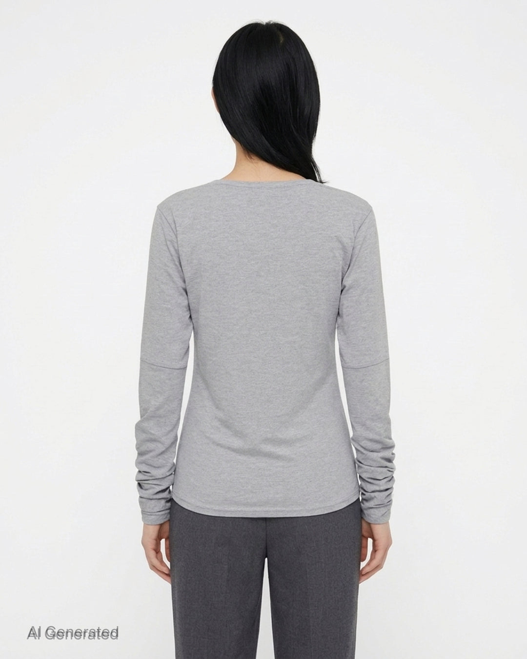 Renaissance Renaissance Giulia heather grey long sleeve top with black tie-bow at the neckline and ruched sleeves - back