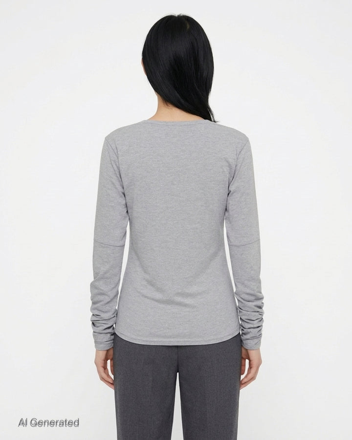 Renaissance Renaissance Giulia heather grey long sleeve top with black tie-bow at the neckline and ruched sleeves - back