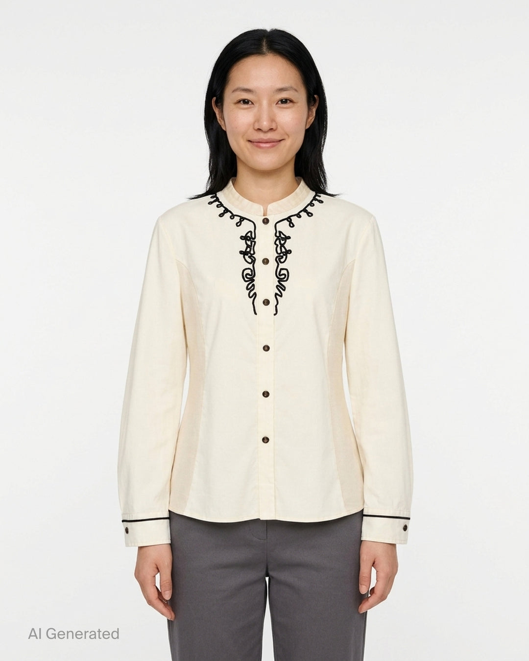 Renli Su cream cotton blouse with black cord embroidery at the stand collar and placket, antique metal buttons and piped cuffs - front