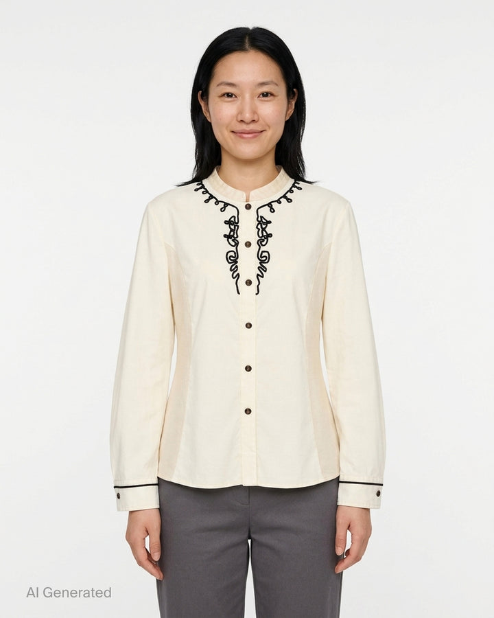 Renli Su cream cotton blouse with black cord embroidery at the stand collar and placket, antique metal buttons and piped cuffs - front