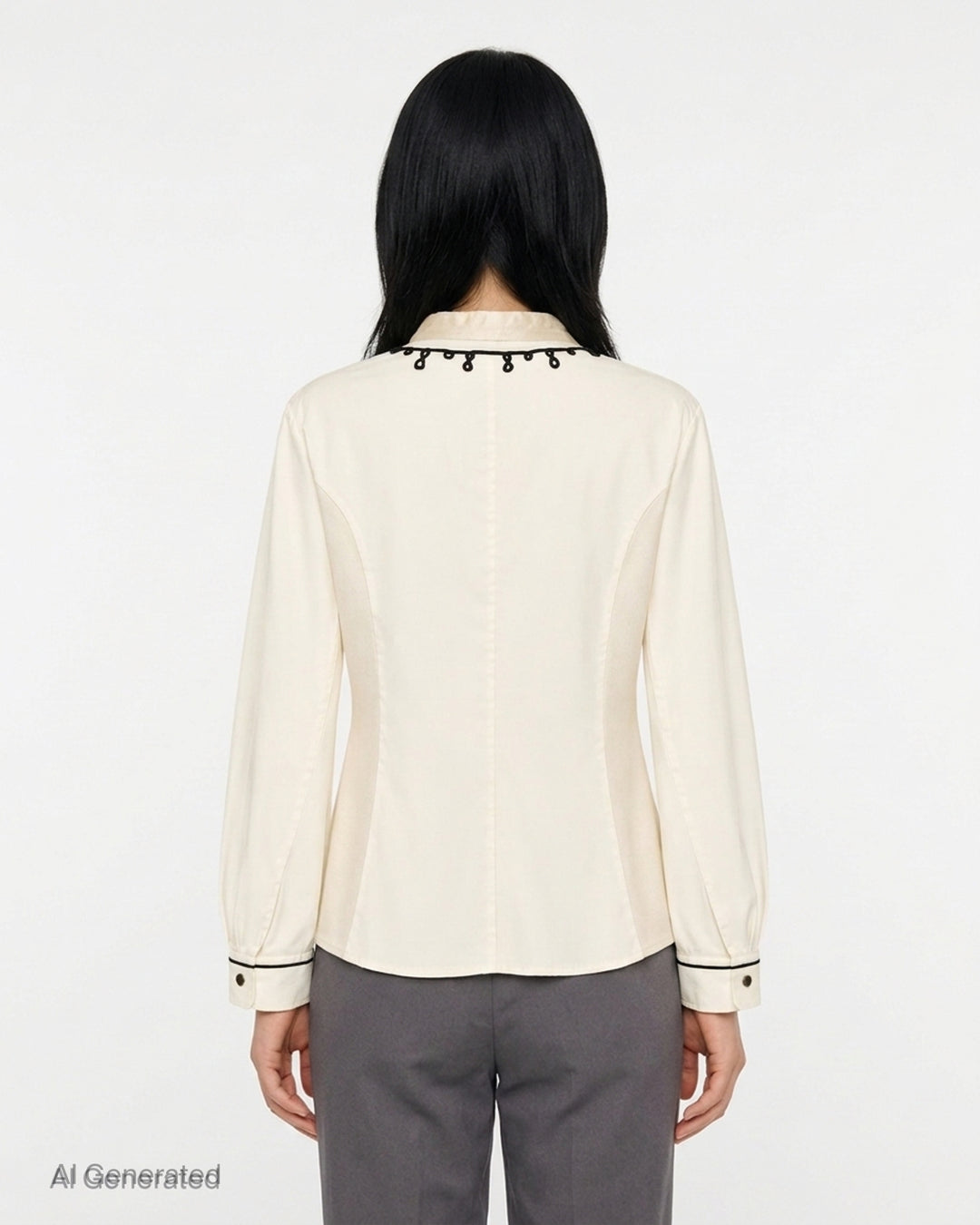 Renli Su cream cotton blouse with black cord embroidery at the stand collar and placket, antique metal buttons and piped cuffs - back