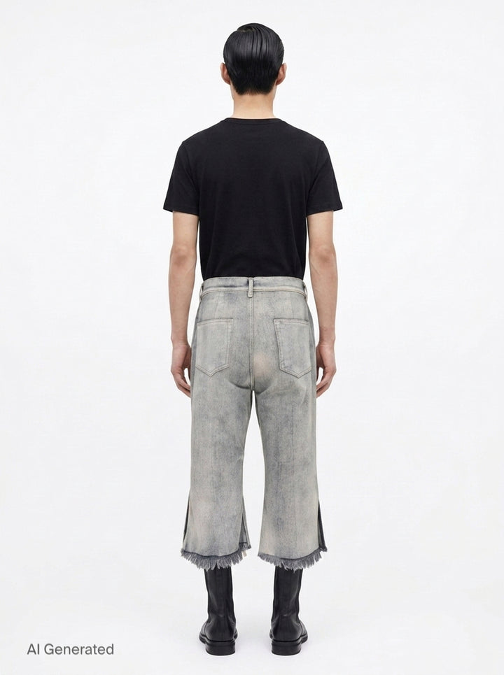 Rick Owens Bolan Cut cropped flared jeans in acid-washed black denim with raw frayed hem and five-pocket construction, front view - back