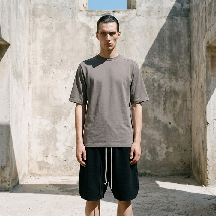 Rick Owens Brad T short sleeve crewneck tee in double cotton jersey, front view - lifestyle