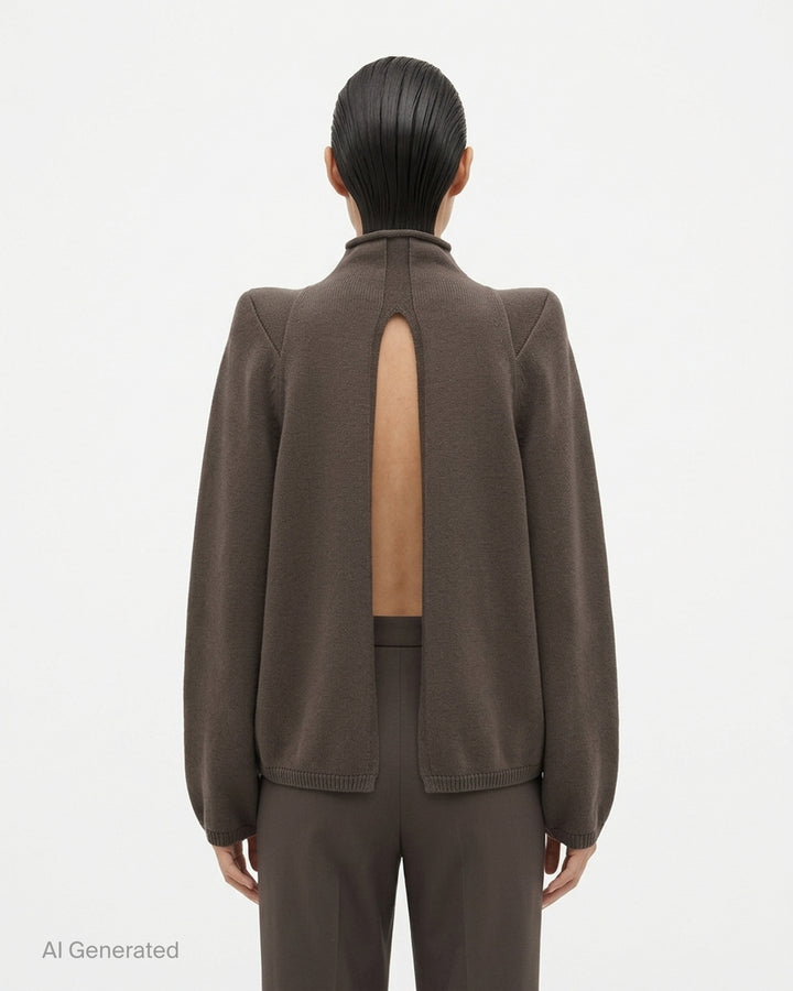 Rick Owens Darkdust cold-shoulder knit sweater with rolled high neck, structured shoulder points and central front seam - back