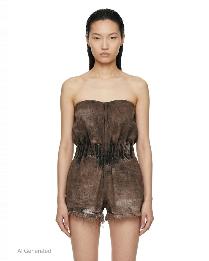 Rick Owens Crater Shorts in 13oz dust-wash brown denim — rear view showing strapless bandeau romper silhouette, gathered elasticated waist, and raw frayed hem - front