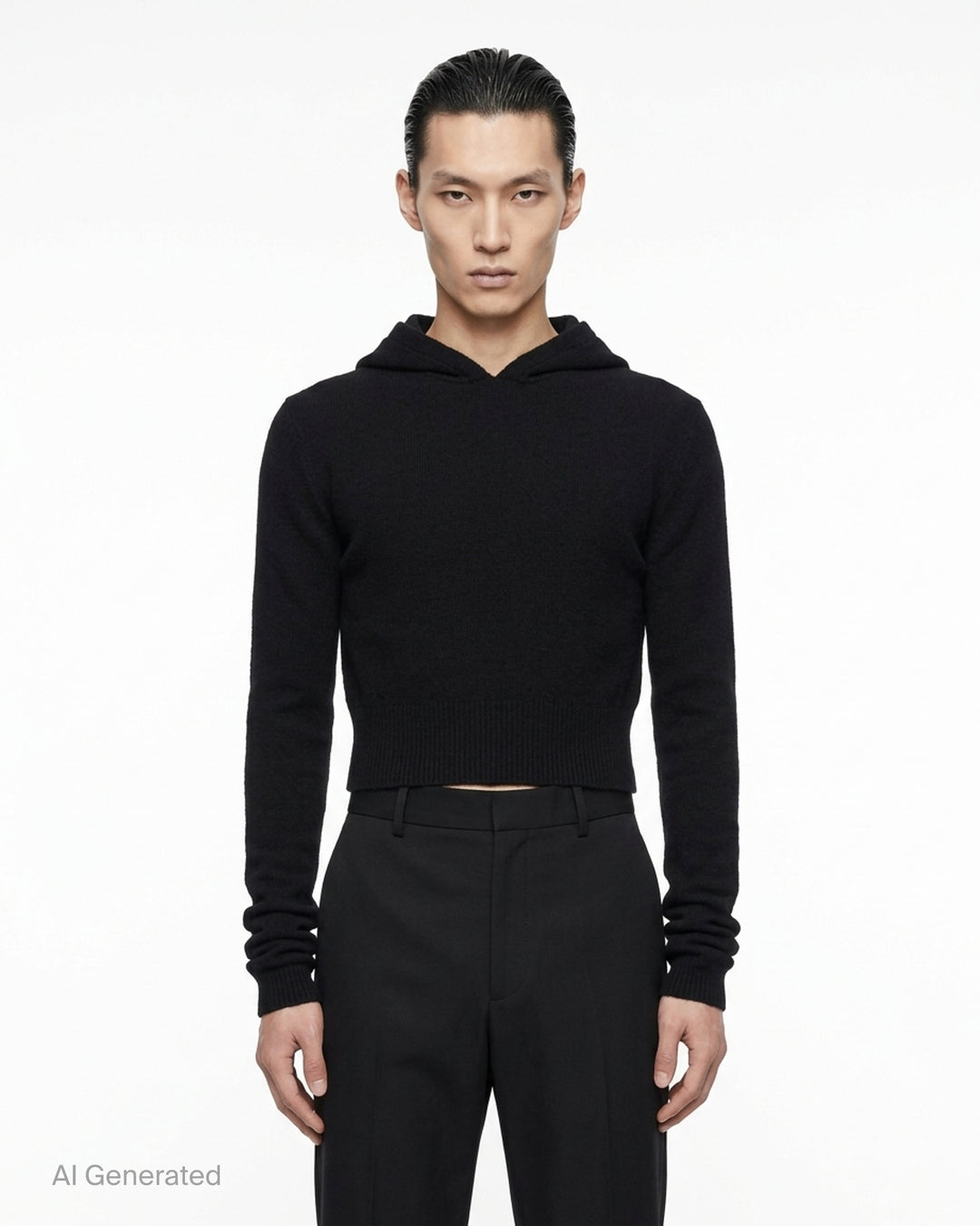 Rick Owens black cropped knit hoodie with fitted silhouette, ribbed hem and long sleeves, shown flat against a white background - front