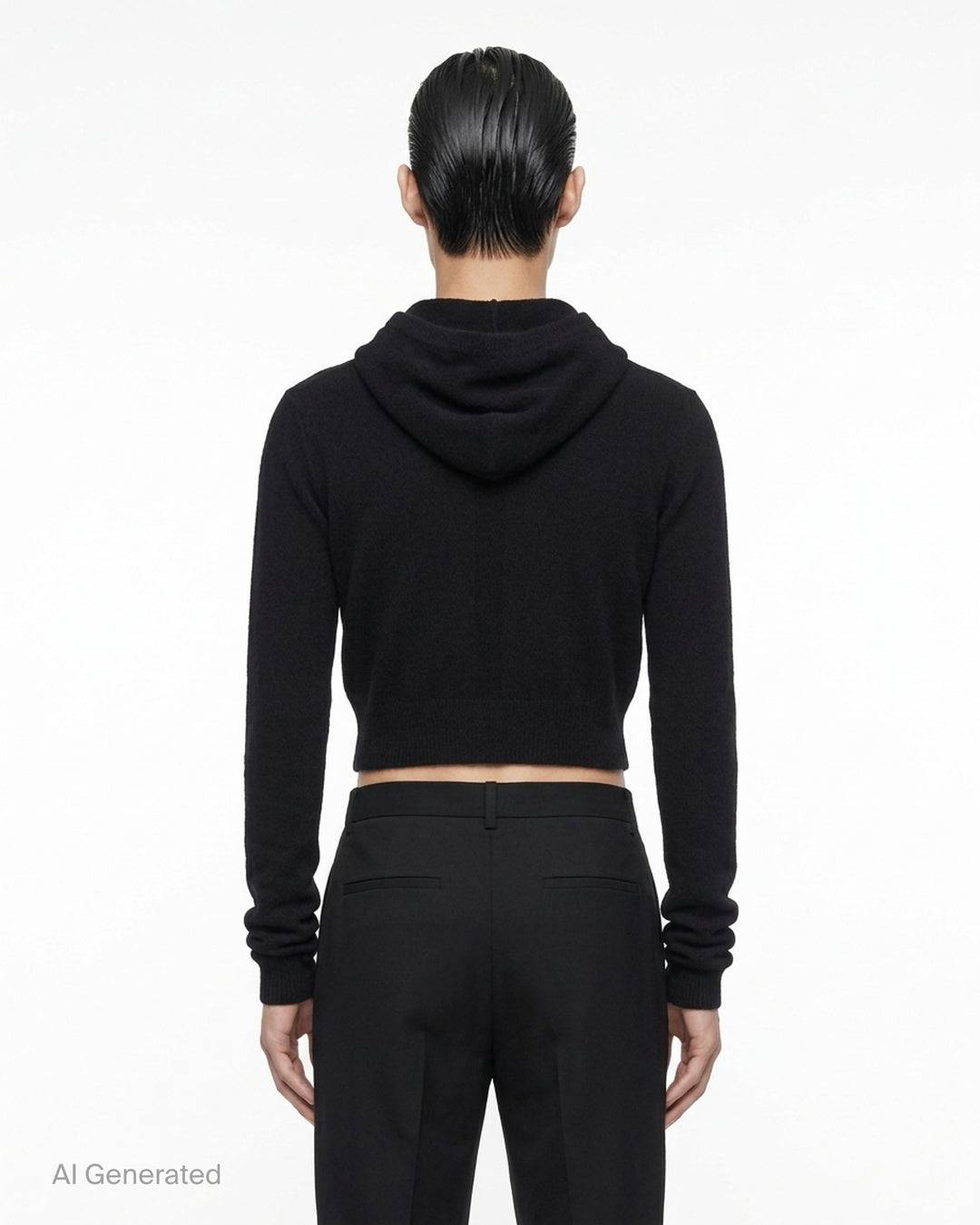 Rick Owens black cropped knit hoodie with fitted silhouette, ribbed hem and long sleeves, shown flat against a white background - back