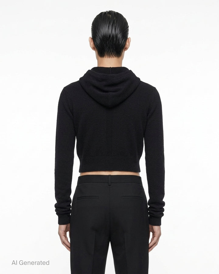 Rick Owens black cropped knit hoodie with fitted silhouette, ribbed hem and long sleeves, shown flat against a white background - back