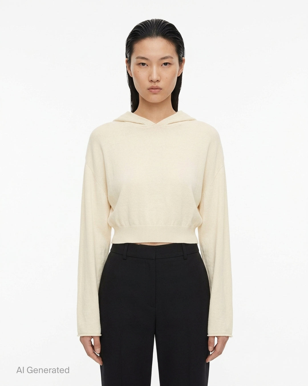 Rick Owens cropped knit sweater in taupe-grey with draped neckline, dolman sleeves and ribbed hem, front view - front
