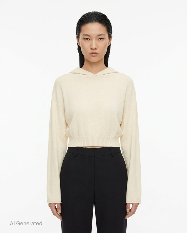 Rick Owens cropped knit sweater in taupe-grey with draped neckline, dolman sleeves and ribbed hem, front view - front