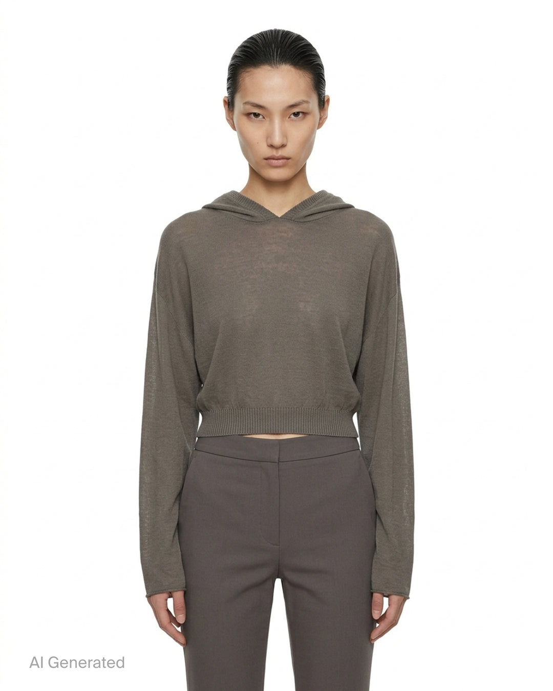Rick Owens cropped knit sweater in taupe-grey with draped neckline, dolman sleeves and ribbed hem, front view - front