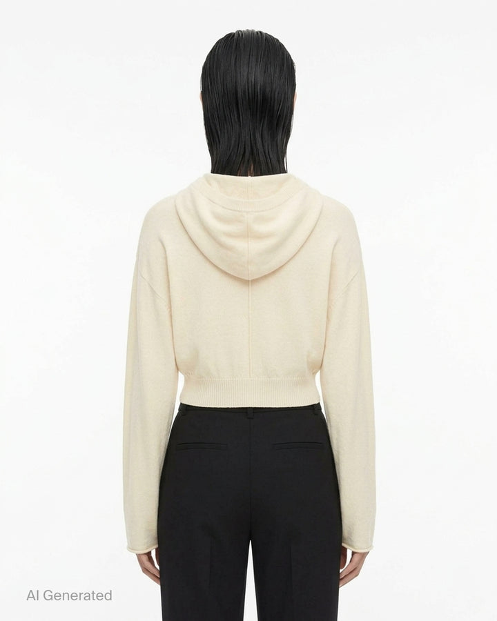 Rick Owens cropped knit sweater in taupe-grey with draped neckline, dolman sleeves and ribbed hem, front view - back