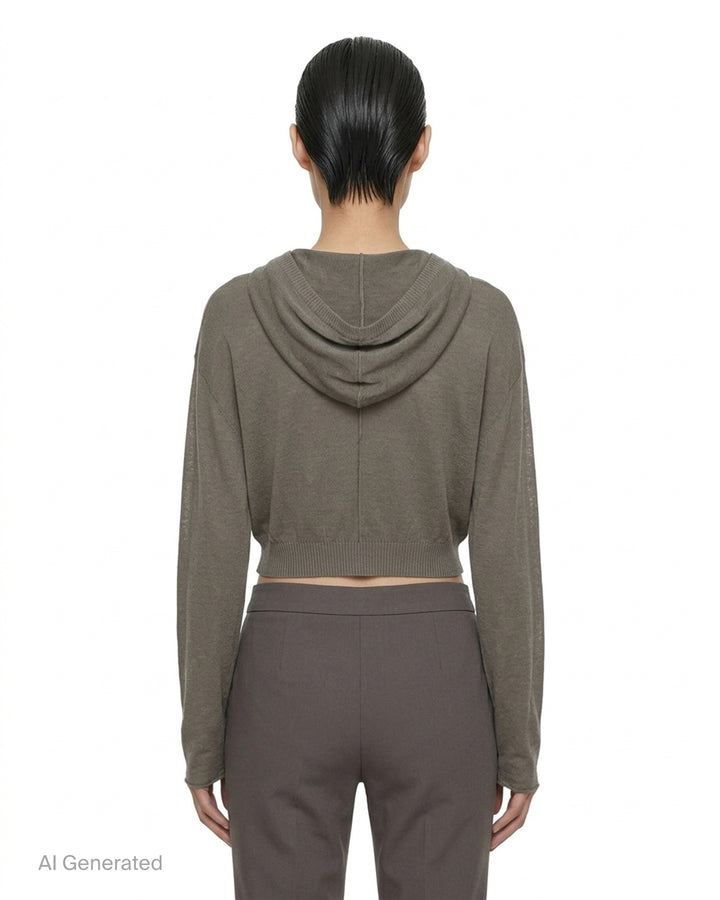 Rick Owens cropped knit sweater in taupe-grey with draped neckline, dolman sleeves and ribbed hem, front view - back