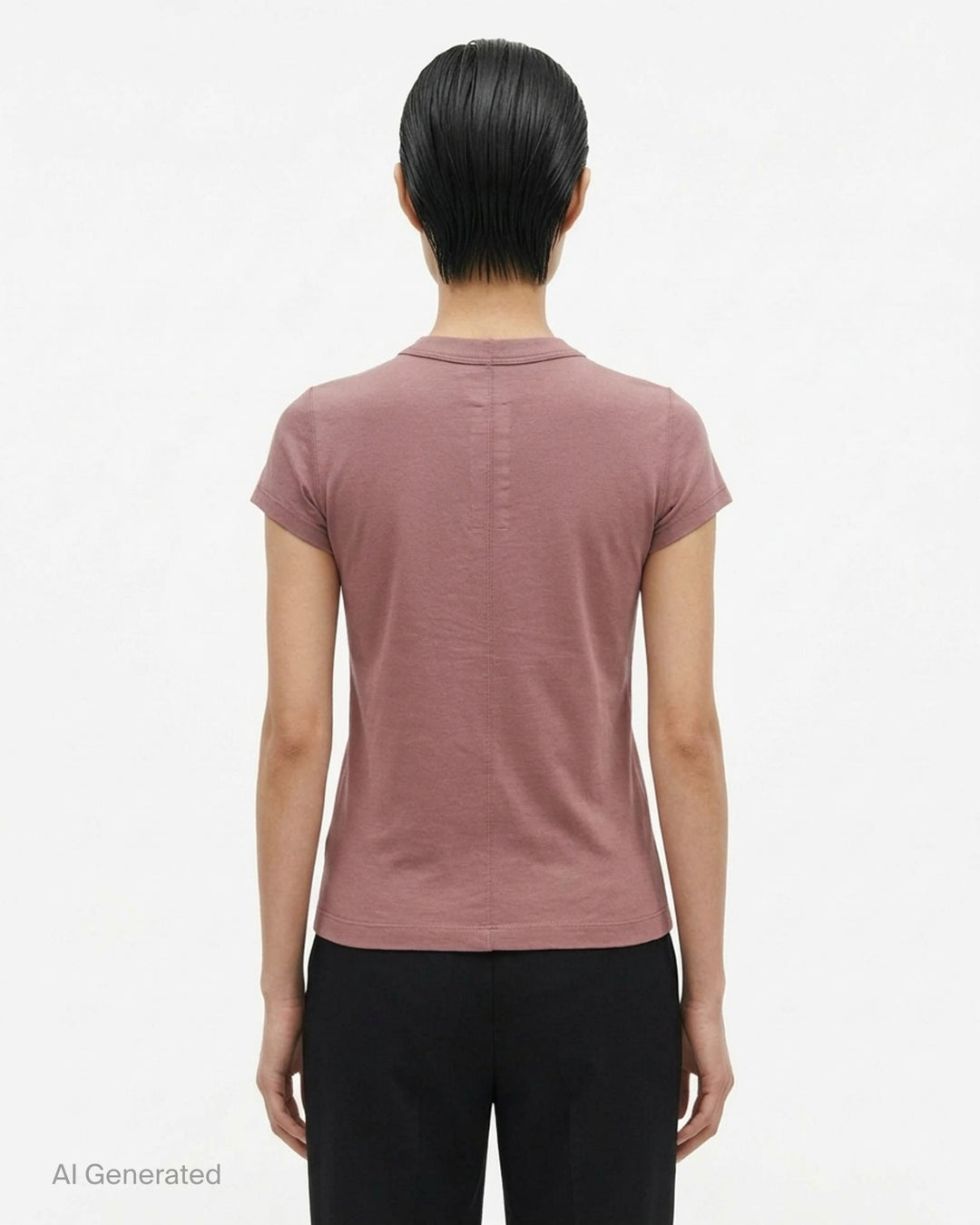 Rick Owens Cropped Level Classic Cotton Tee in dusty rose, featuring a raised mock neck, cap sleeves, and a fitted cropped silhouette with topstitched seam detailing - back