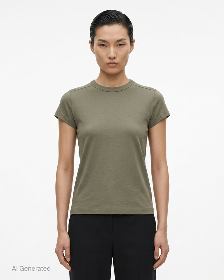 Rick Owens Cropped Level T-Shirt in muted taupe-grey with ribbed crew neck and short cap sleeves, front view - front