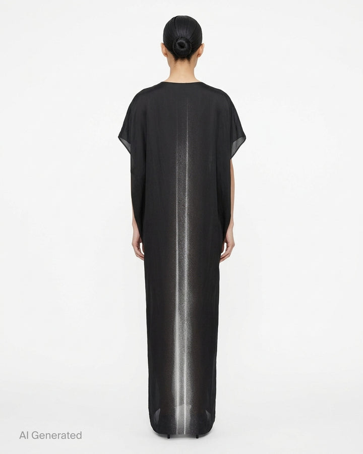 Rick Owens Dagger Gown in black, a floor-length draped column dress with cap sleeves and a pale ombré gradient running down the back - back