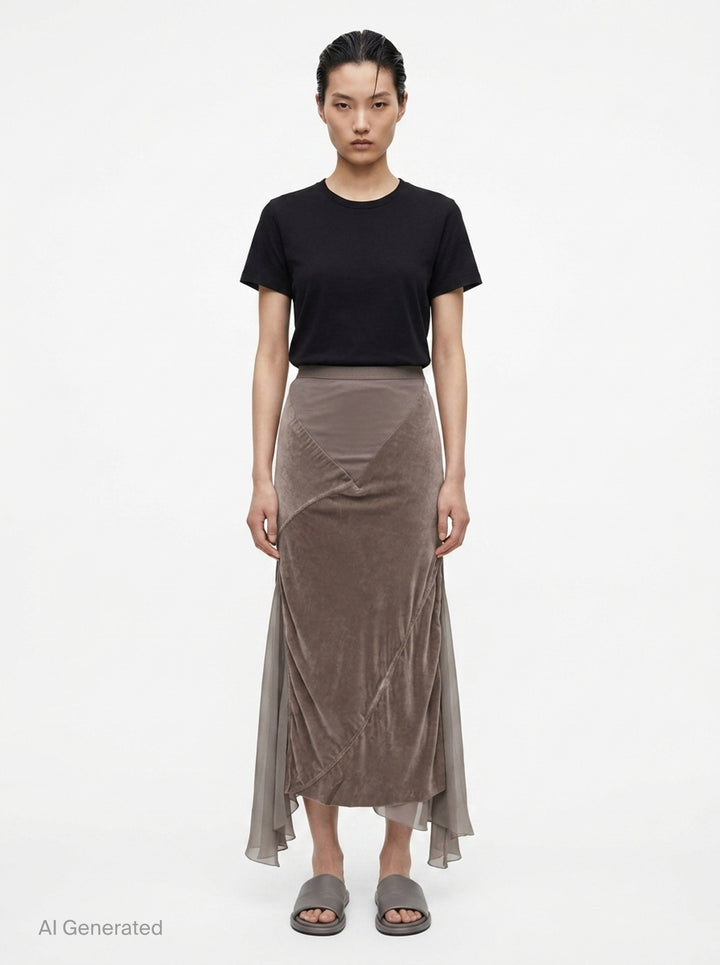 Rick Owens Double Sliced Midi Skirt in taupe crushed velvet with diagonal seaming and fluid chiffon hem panels, front view on white background - front