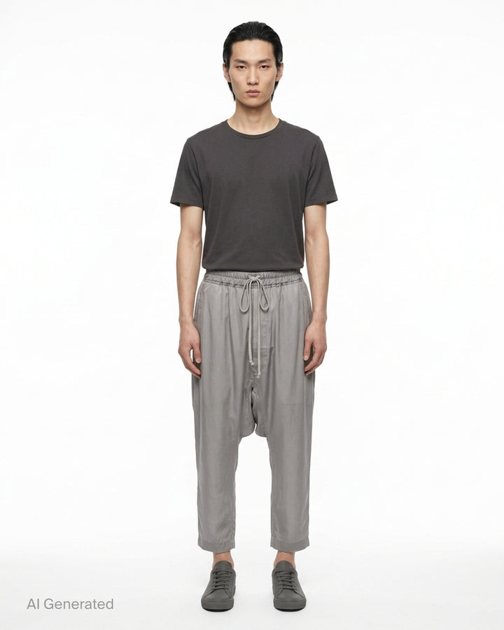 Rick Owens grey drawstring cropped pants with a dropped crotch, elasticated waistband and fluid, semi-sheer fabric, shown from the front - front