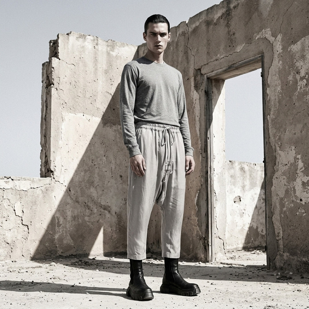 Rick Owens grey drawstring cropped pants with a dropped crotch, elasticated waistband and fluid, semi-sheer fabric, shown from the front - lifestyle