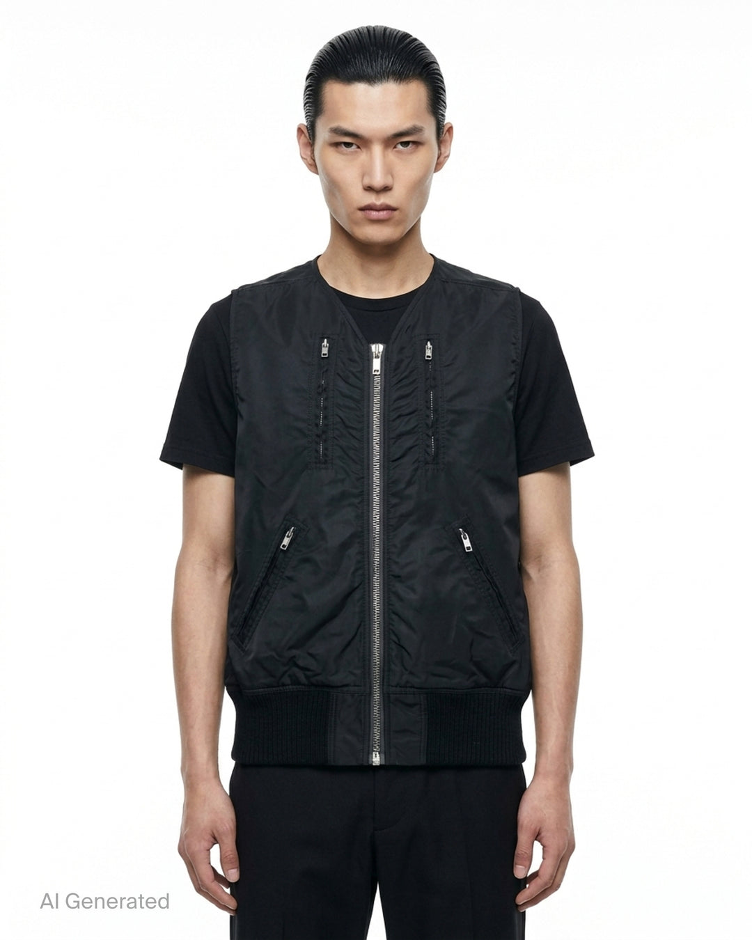 Rick Owens black washed nylon sleeveless bomber vest with V-neckline, silver front zip, four zip pockets and ribbed knit hem - front