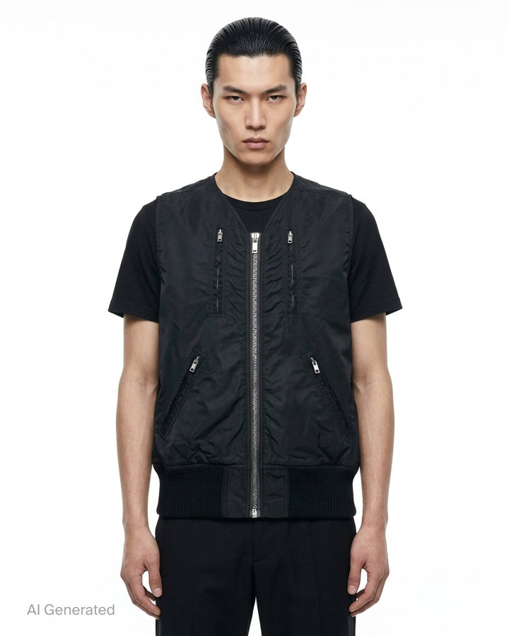 Rick Owens black washed nylon sleeveless bomber vest with V-neckline, silver front zip, four zip pockets and ribbed knit hem - front