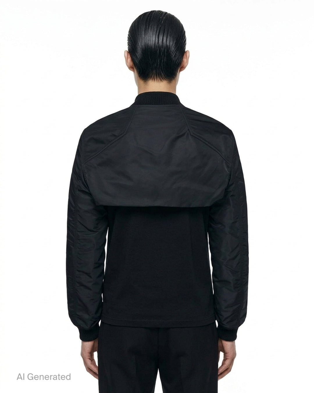 Rick Owens black washed nylon sleeveless bomber vest with V-neckline, silver front zip, four zip pockets and ribbed knit hem - back