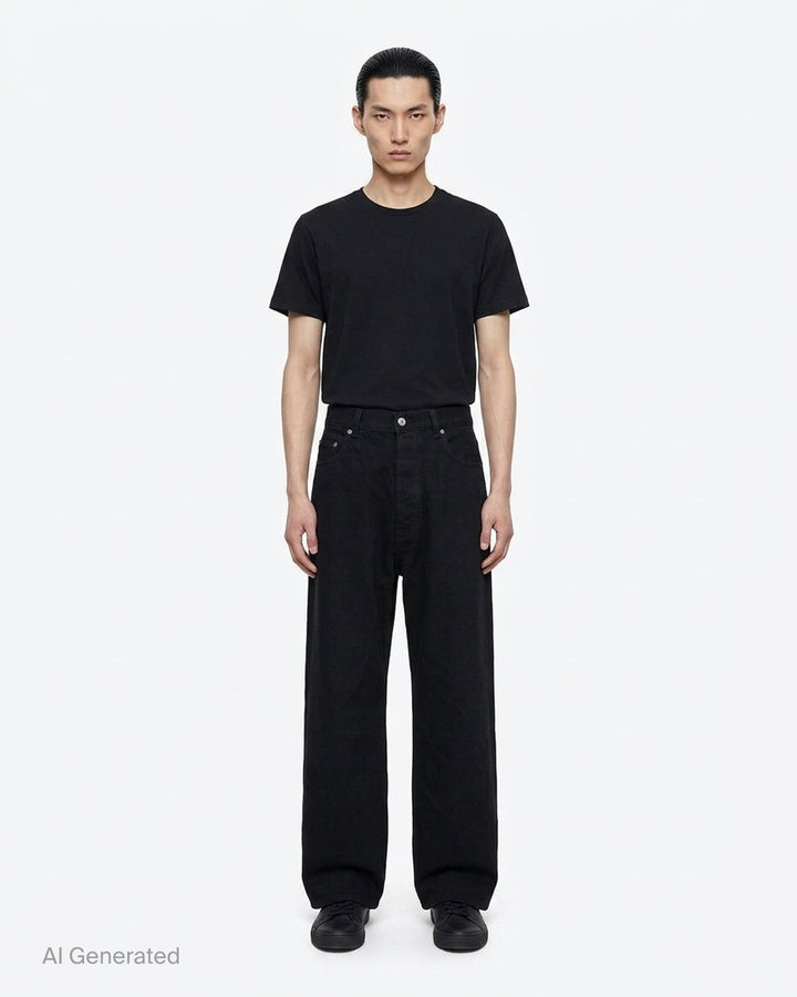 Rick Owens Geth Jeans in black denim with a wide-leg silhouette, shown from the front with button fly and five-pocket detailing - front
