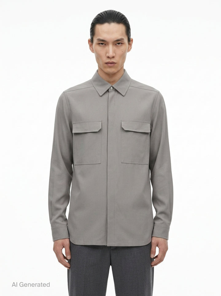 Rick Owens Heavy Cady Long Sleeve Outershirt in taupe-grey with concealed snap placket, dual flap chest pockets, and oversized silhouette - front