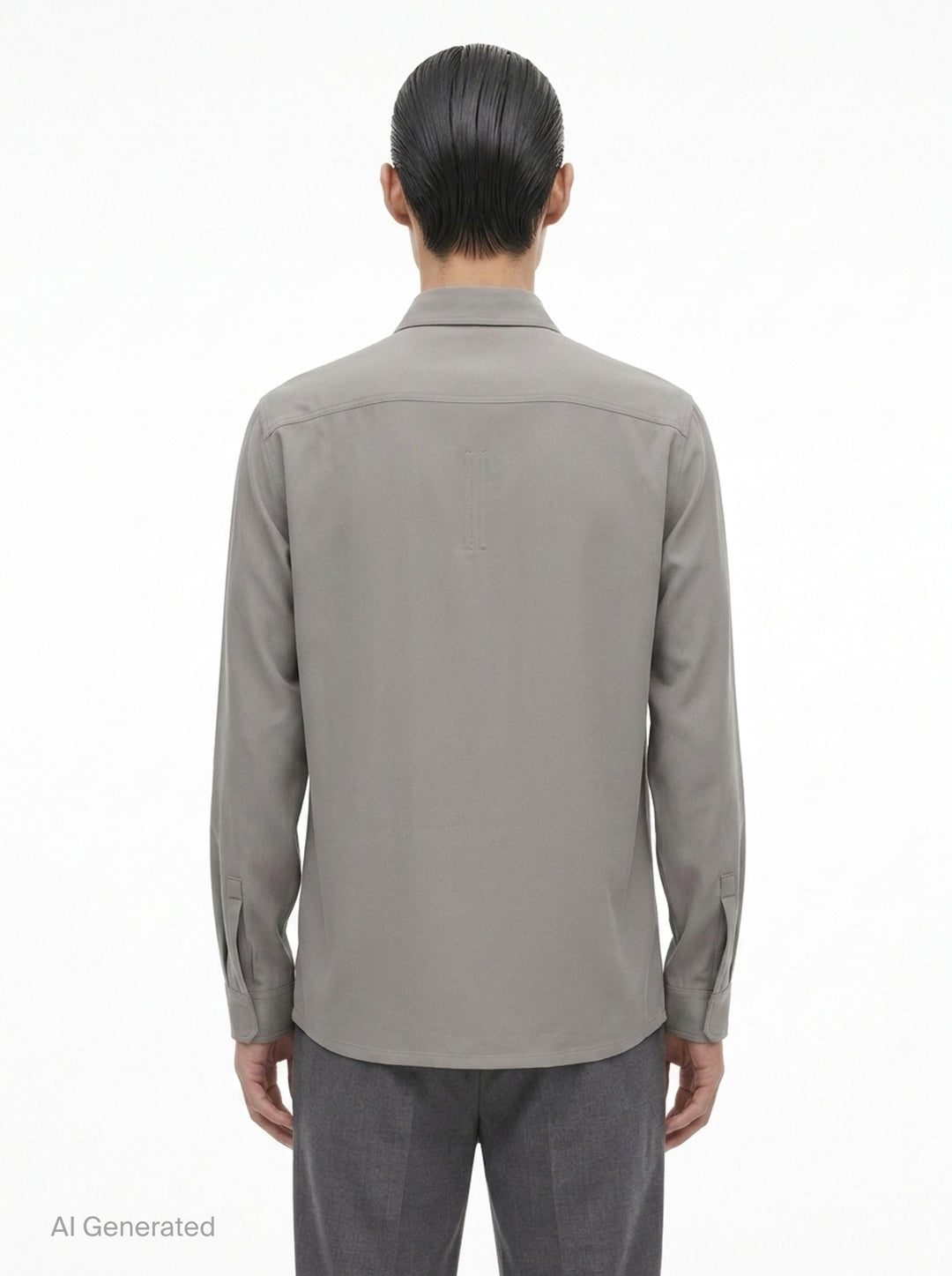 Rick Owens Heavy Cady Long Sleeve Outershirt in taupe-grey with concealed snap placket, dual flap chest pockets, and oversized silhouette - back