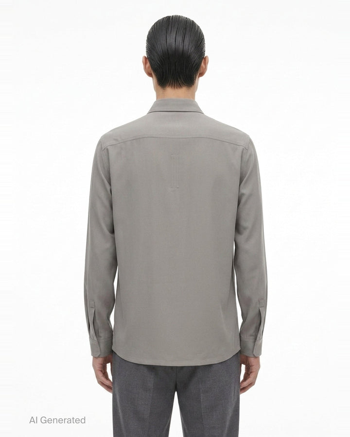 Rick Owens Heavy Cady Long Sleeve Outershirt in taupe-grey with concealed snap placket, dual flap chest pockets, and oversized silhouette - back