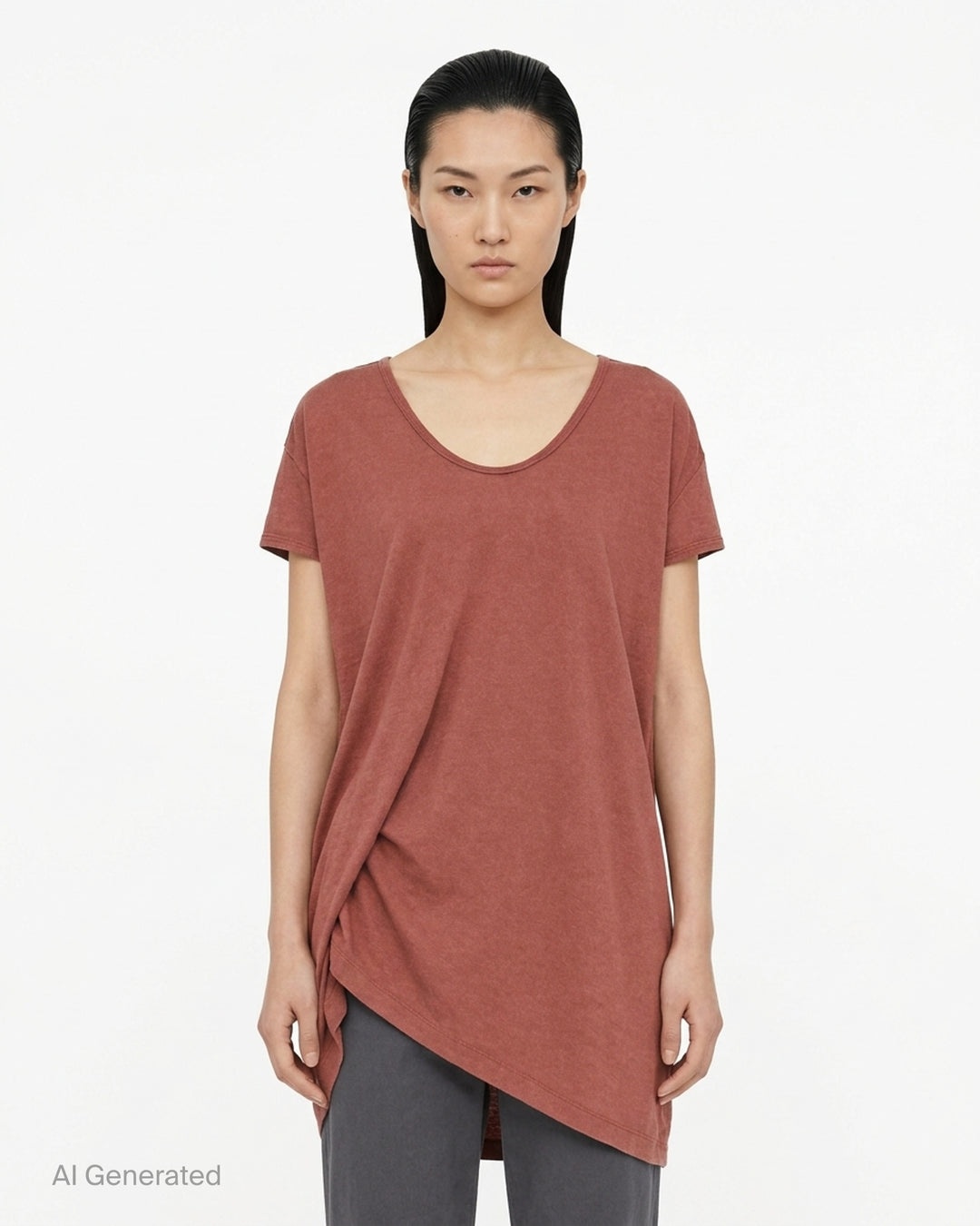 Rick Owens Hiked T-shirt in washed heathered jersey with scoop neckline and asymmetric ruched hem - front