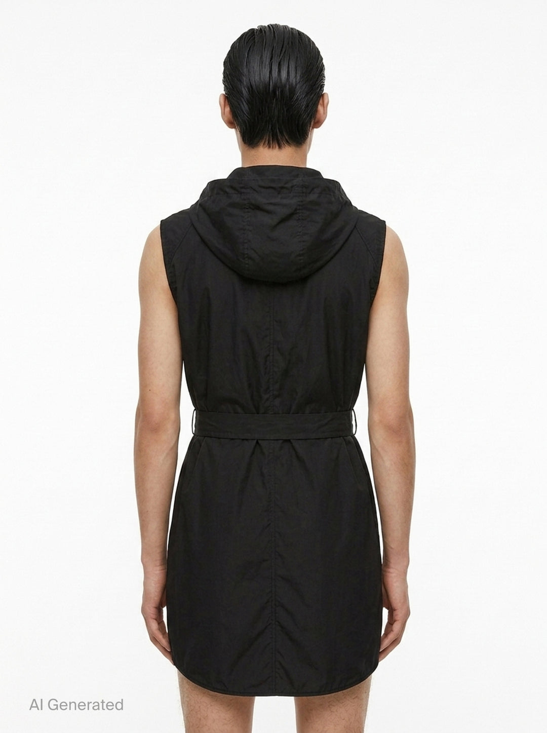 Rick Owens sleeveless hooded midi coat in sage grey with utility chest pockets, a self-fabric belt with rectangular buckle, and a snap-button front placket, displayed on a ghost mannequin against a white background - back