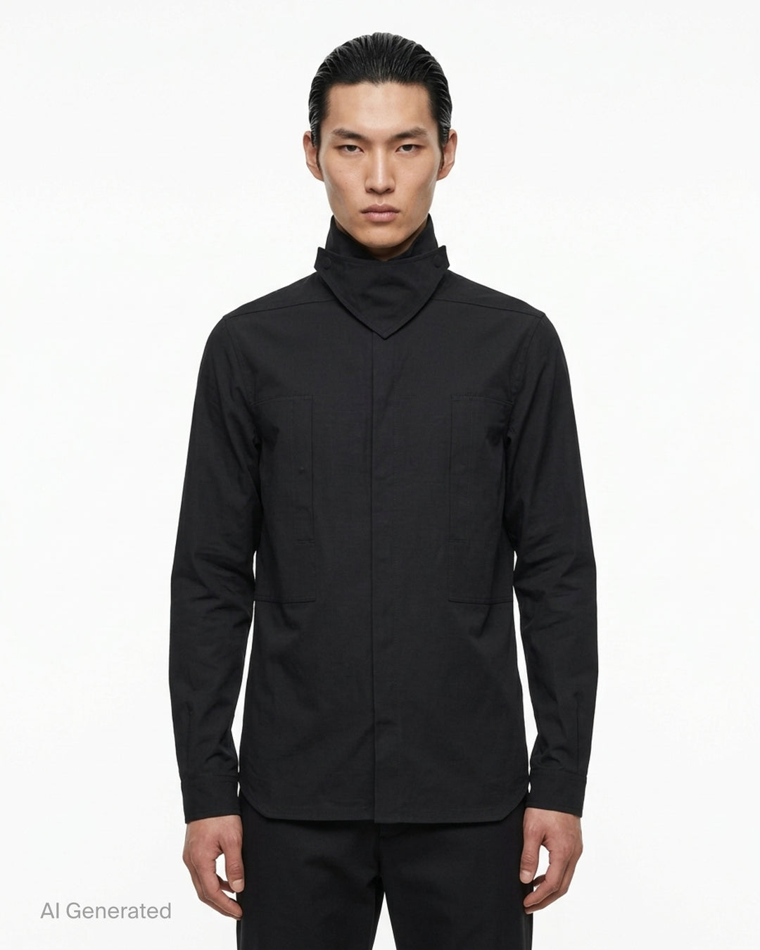 Rick Owens black long sleeve outershirt with high funnel collar, concealed snap placket and two vertical flap chest pockets - front